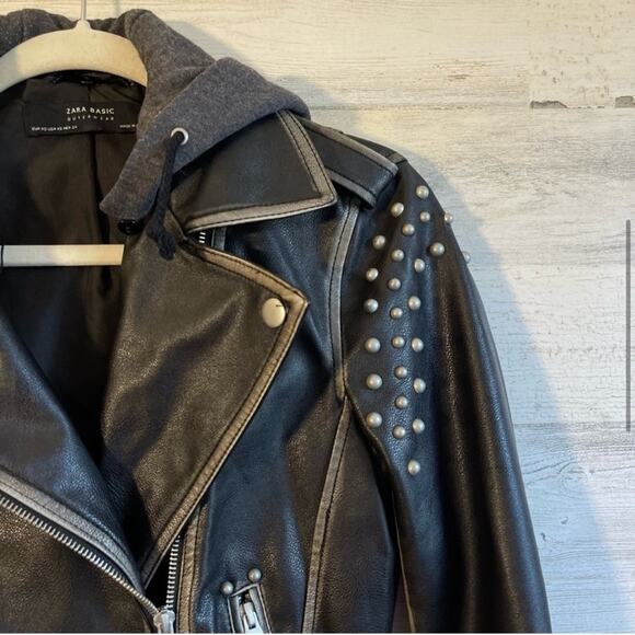 Zara Moto Distressed Faux Leather Studded Jacket with Sweatshirt Hood XS Black - Picture 6 of 16